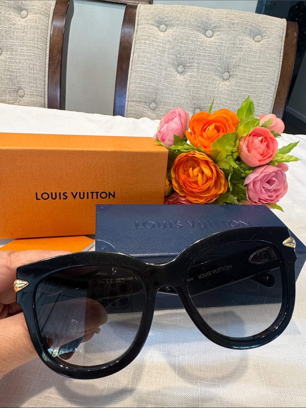 Authentic Louis Vuitton Black Sunglasses with Gold Chain Accent